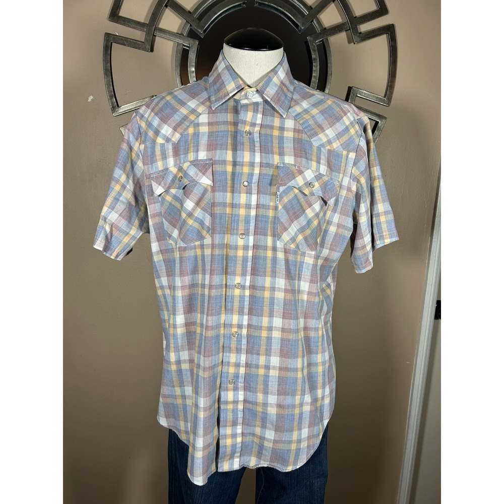 Vtg 80s Levi's White Tab Snap Plaid Polyester Blend Men Western Sleeve L Large